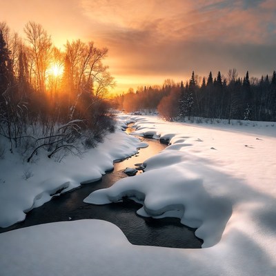 Sunset over a snowy river