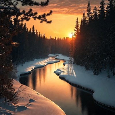 Sun sets over winter river scene