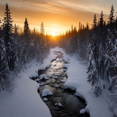 Sunset over snowy river landscape
