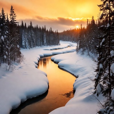 Sunset over snowy river scene