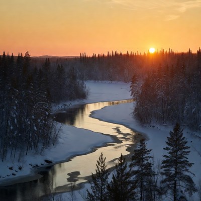 River at sunset in winter landscape