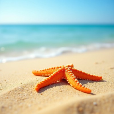 Starfish on sandy beach near water