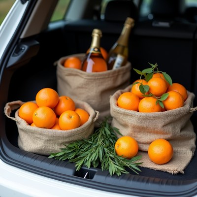 Fresh oranges and drinks in car trunk