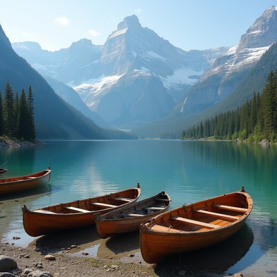 Scenic lake with wooden boats by mountains