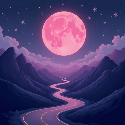 Full moon over winding road at night