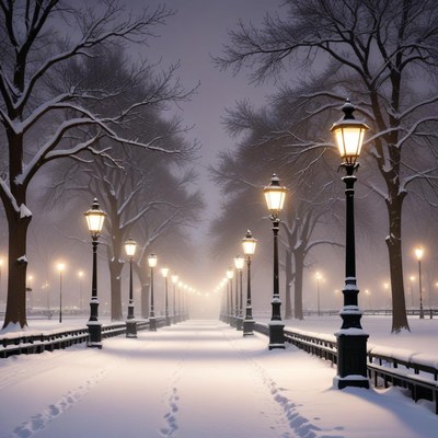 Snowy path with street lamps at night