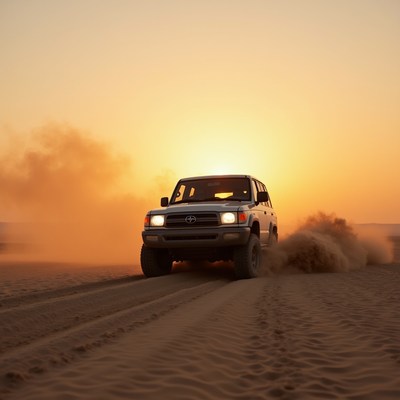 Vehicle driving through desert sand at sunset
