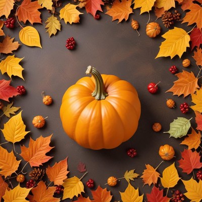 Pumpkin and autumn leaves arrangement