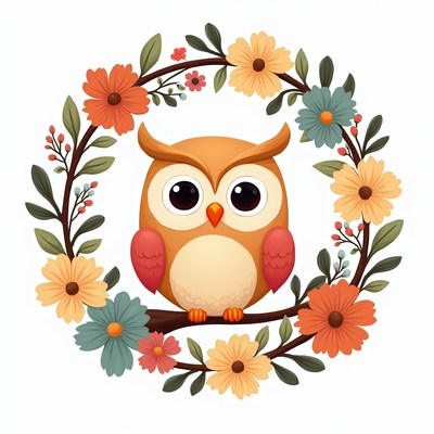 Owl sitting in floral wreath
