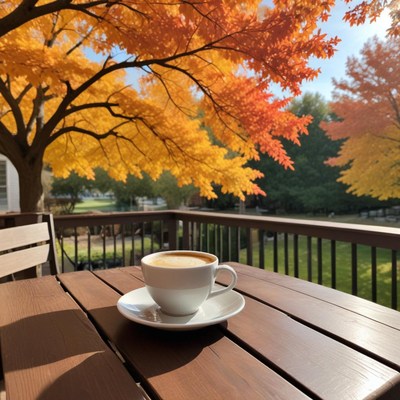 Coffee on a deck in fall