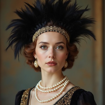 Woman in feather headpiece with jewelry