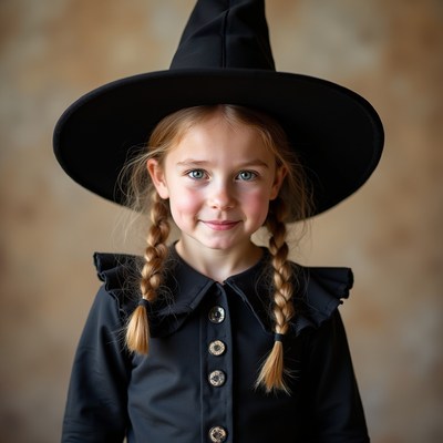 Child in black witch costume with hat