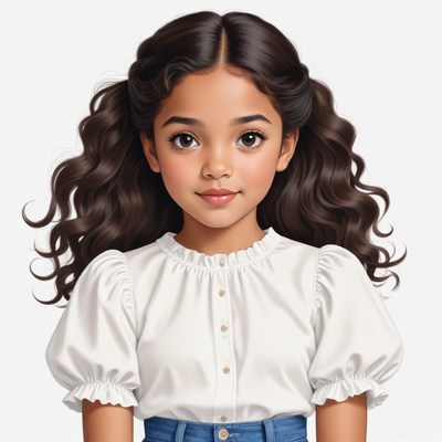 Young girl with curly hair in white top