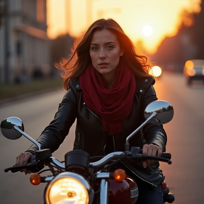 Woman riding motorcycle at sunset