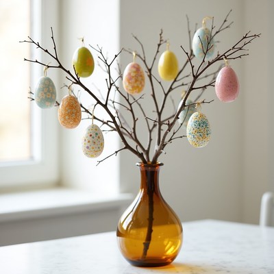 Colorful eggs hang from tree branches