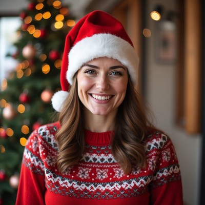 Woman in holiday sweater and hat