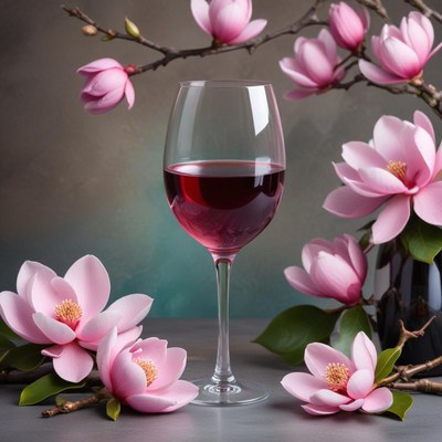 Glass of red wine with flowers