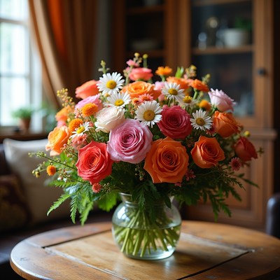 Bouquet of roses and daisies on a table