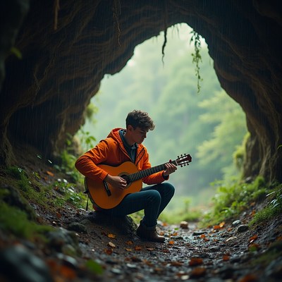 Musician plays guitar in cave