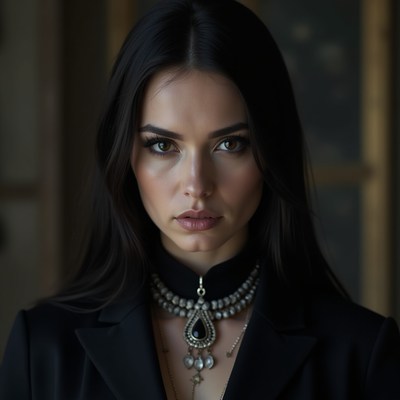 Close-up of woman in dark attire indoors