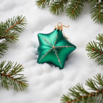 Green star ornament on snow