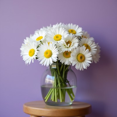 Daisies in a clear vase on a table