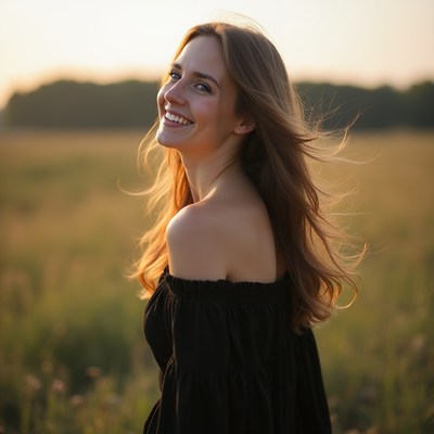 Woman smiling in a field at sunset