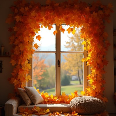 Cozy window with fall leaves decor