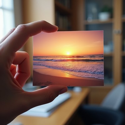 Hand holding sunset picture over desk