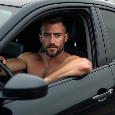 Man in car on a sunny day