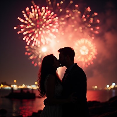Couple kissing during fireworks display