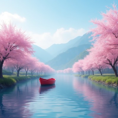 Red boat among cherry blossom trees