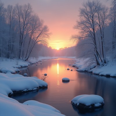 Winter sunset over a frozen river