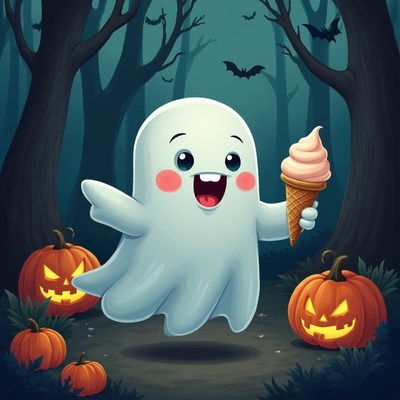 Cute ghost holds ice cream cone