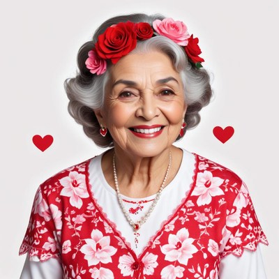 Smiling woman with floral decorations