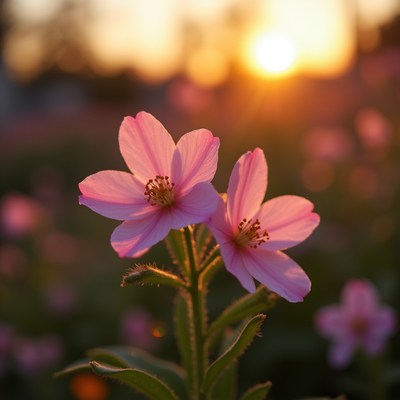 Sunset over blooming pink flowers