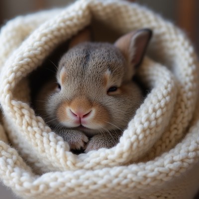 Rabbit resting in cozy blanket