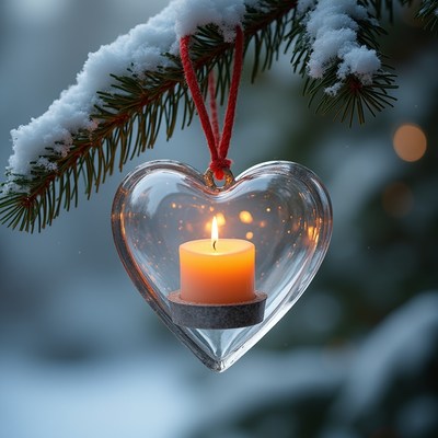 Heart-shaped candle hanging in winter