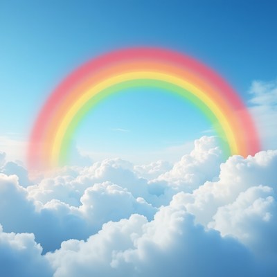 Rainbow above white clouds in sky