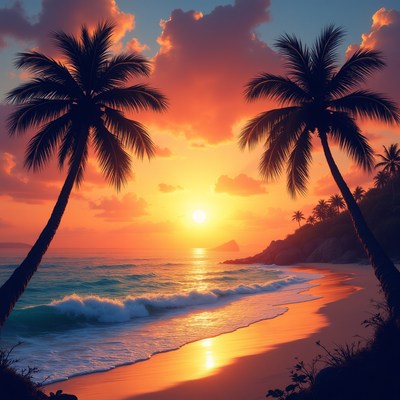 Sunset over the ocean with palm trees
