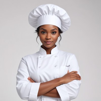 Chef stands confidently in white uniform