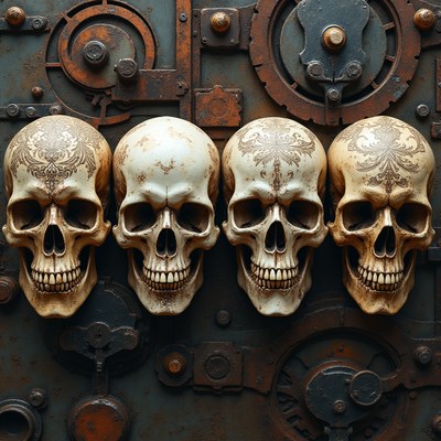 Decorated skulls on a mechanical backdrop