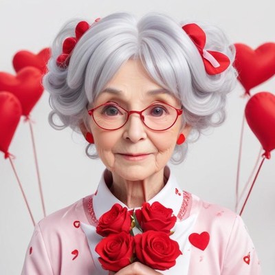 Elderly woman holding roses and hearts