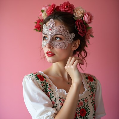 Young woman in mask with flowers