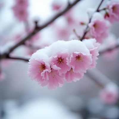 Cherry blossoms covered in snow during winter