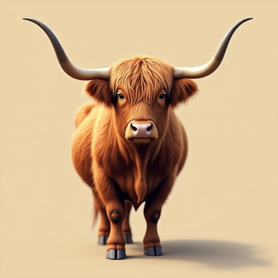 Highland cow stands in a simple pose