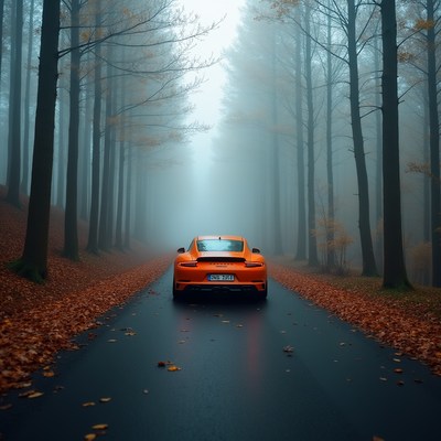 Car on a foggy forest road