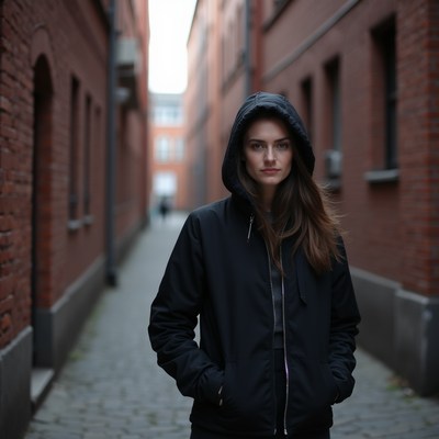 Woman in hooded jacket on narrow street