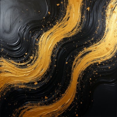 Gold and black abstract painting with wavy lines