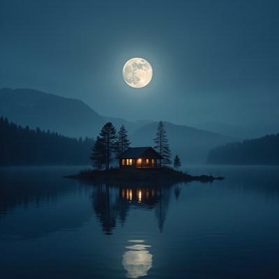 Moonlit cabin by a lake